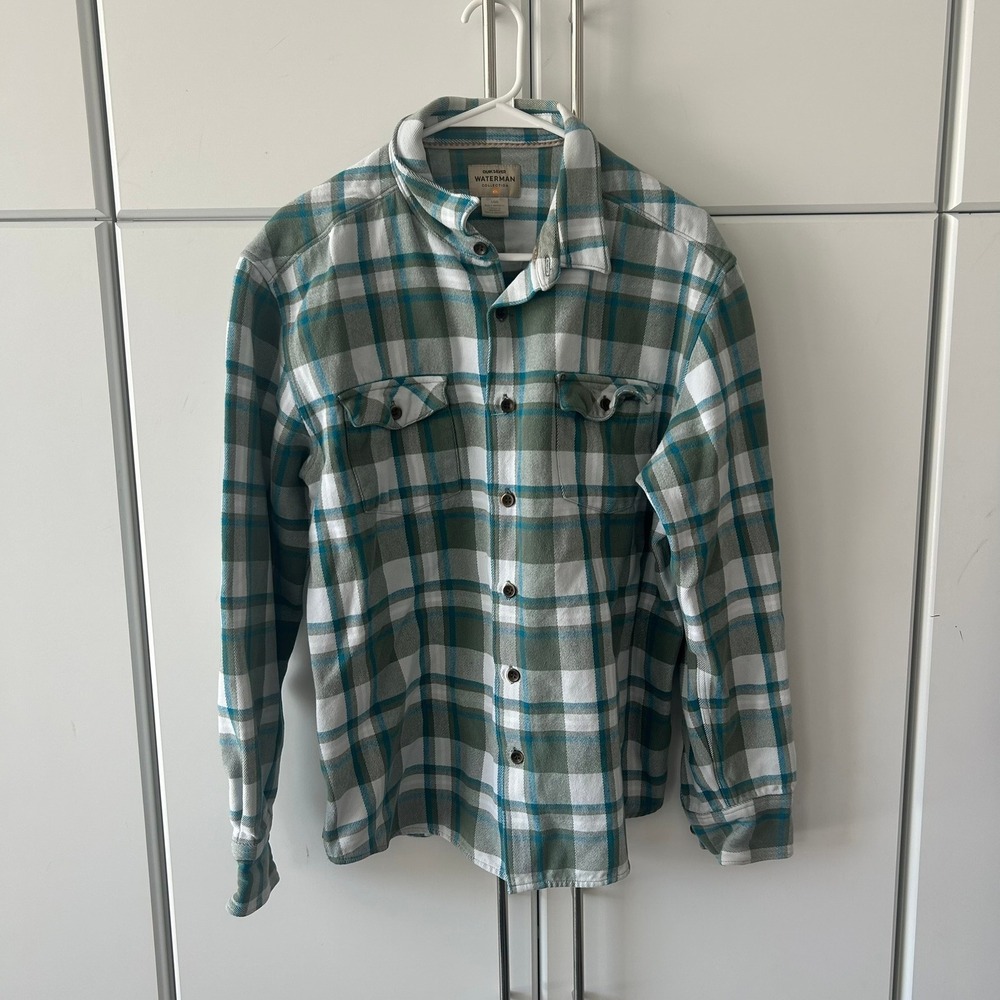 Quiksilver Waterman Collection Mens Large Plaid Flannel Button Down Shirt Green